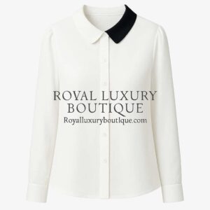 White Button-Up Blouse with Black Collar