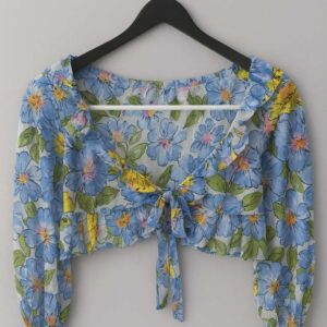 Blue Floral Sheer Tie-Front Blouse