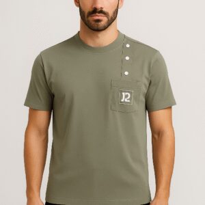 Modern Olive Gray Pocket Tee With ”D2” Button Style